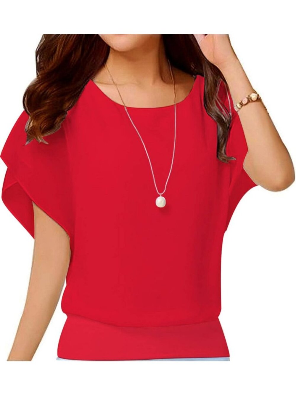 Women's Bright Red Elegant Loose Casual Short Sleeve Chiffon Top T Shirt Blouses